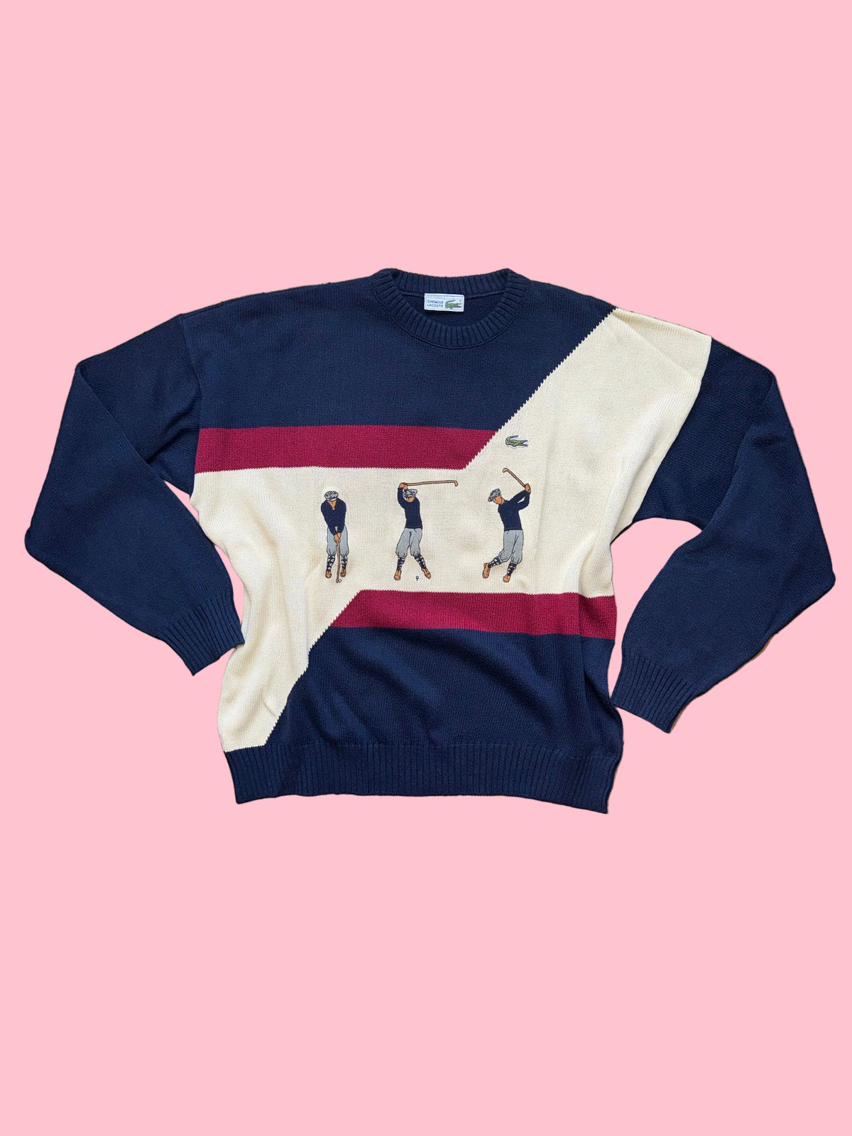 Lacoste Pull Bleu Col Rond 3 Golfeurs Vintage 90's - Taille XL
