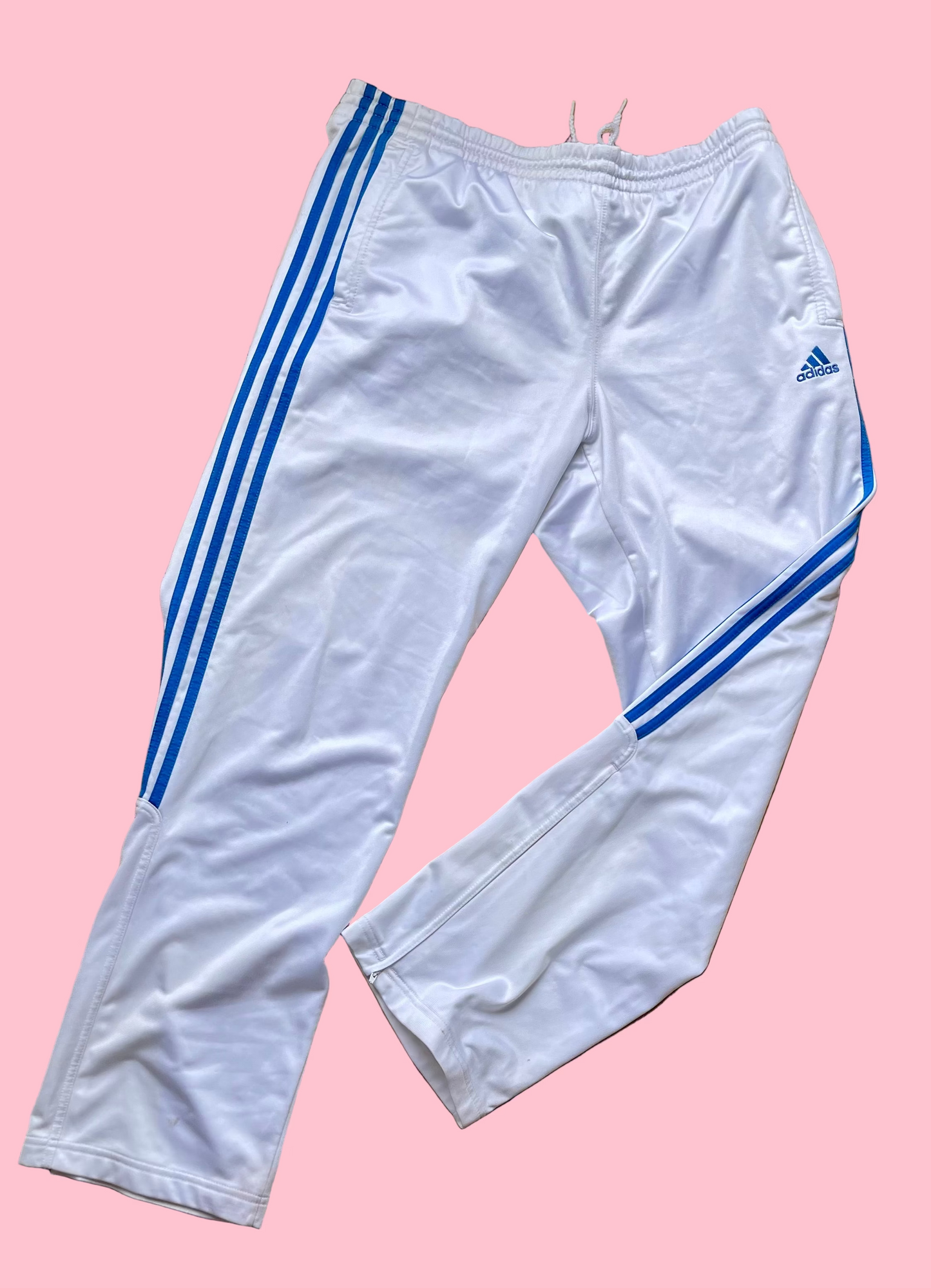 White Adidas tracksuit pants with blue stripes 