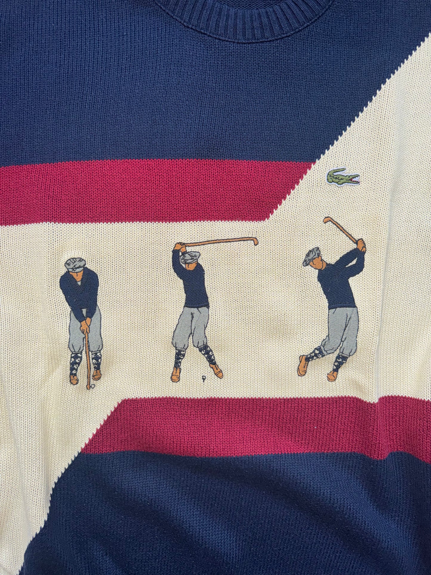 Lacoste Pull Bleu Col Rond 3 Golfeurs Vintage 90's - Taille XL